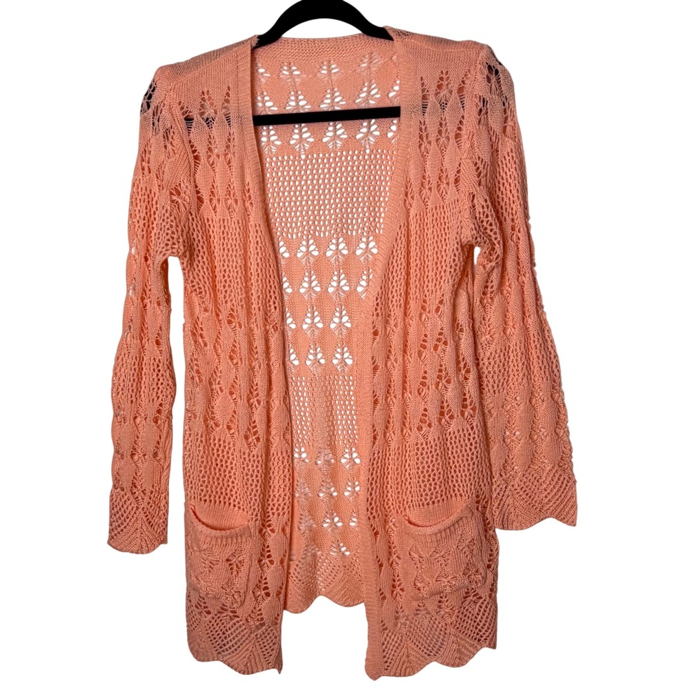 Peach Coral Crochet Open Knit Cardigan Long Sleeve Pointelle cottagecore